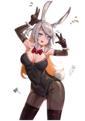 Rule 34 | 1girl, :d, absurdres, animal ear fluff, animal ears, arknights, black gloves, black pantyhose, bow, bowtie, breasts, carrot, collar, colored inner hair, commentary, detached collar, double w, elbow gloves, emphasis lines, fake animal ears, fishnet thighhighs, fishnets, flying sweatdrops, gloves, grey hair, highres, jumbowhopper, large breasts, leotard, looking at viewer, multicolored hair, open mouth, orange hair, pantyhose, playboy bunny, purple eyes, rabbit ears, rabbit girl, rabbit tail, red bow, red bowtie, savage (arknights), short twintails, simple background, smile, solo, straight-on, tail, thighhighs, thighhighs over pantyhose, twintails, w, white background, white collar, white wristband