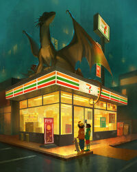 Rule 34 | 2boys, 7-eleven, animal focus, baseball cap, blue pants, city, convenience store, devin elle kurtz, dragon, green jacket, hat, highres, holding, holding phone, jacket, multiple boys, original, outdoors, pants, phone, red shorts, scenery, shop, shorts, size difference, skateboard, standing, tail, taking picture, western dragon, window, wings, yellow hat
