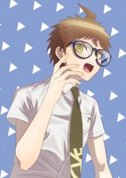 Rule 34 | 1boy, :d, ahoge, badge, bespectacled, black-framed eyewear, blue background, breast pocket, brown hair, collared shirt, commentary request, danganronpa (series), danganronpa 2: goodbye despair, glasses, green necktie, hand up, highres, hinata hajime, kui ka, looking at viewer, male focus, necktie, open mouth, pocket, print necktie, print neckwear, shirt, short hair, short sleeves, smile, solo, teeth, triangle, upper body, upper teeth only, white shirt