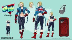 Rule 34 | 1girl, abs, absurdres, ass, back, blue jacket, boots, cammy white, capcom, character name, character sheet, combat boots, copyright notice, crooked eyewear, crop top, cropped jacket, cropped torso, highres, jacket, multiple views, muscular, muscular female, official art, pants, red footwear, scar, short hair, single vambrace, solo, standing, street fighter, street fighter 6, thigh gap, tight clothes, tight pants, turnaround, union jack, vambraces