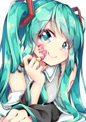 Rule 34 | 00s, 1girl, 39, aqua eyes, aqua hair, cosmetics, detached sleeves, hatsune miku, highres, inumine aya, leaning forward, lipstick tube, long hair, looking at viewer, matching hair/eyes, nail polish, necktie, simple background, smile, solo, twintails, upper body, vocaloid, white background