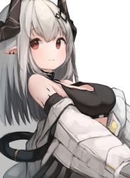 Rule 34 | 1girl, absurdres, arknights, bare shoulders, breasts, cleavage, closed mouth, collar, ear piercing, from side, gradient background, highres, infection monitor (arknights), large breasts, long hair, long sleeves, looking at viewer, looking to the side, material growth, mudrock (arknights), open clothes, oripathy lesion (arknights), piercing, pointy ears, red eyes, silver hair, smile, solo, sports bra, teruriu, upper body, white background