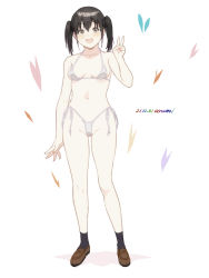 Rule 34 | 1girl, :d, baba arumi, bare shoulders, bikini, black hair, black socks, blush, breasts, brown eyes, brown footwear, cameltoe, character request, collarbone, commentary request, copyright request, dated commentary, full body, gluteal fold, highleg, highleg bikini, legs, loafers, looking at viewer, medium breasts, micro bikini, navel, open mouth, panties, partially visible vulva, shoes, side-tie bikini bottom, simple background, smile, socks, solo, standing, string bikini, swimsuit, twintails, underwear, v, white background