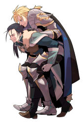 Rule 34 | 2boys, absurdres, aqua capelet, armor, black hair, black pants, blonde hair, brown footwear, cape, capelet, carrying, chainmail, closed eyes, dimitri alexandre blaiddyd, felix hugo fraldarius, fire emblem, fire emblem: three houses, fire emblem warriors: three hopes, full body, fur trim, gauntlets, greaves, hand on another&#039;s shoulder, highres, leather armor, leather footwear, long hair, looking at another, multiple boys, nervous sweating, nintendo, pants, pauldrons, piggyback, ponytail, profile, redlhzz, short ponytail, shoulder armor, simple background, smile, sweat, sweatdrop, white background, white fur