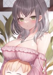 Rule 34 | 1girl, alternate costume, bad id, bad twitter id, bare shoulders, blush, breast rest, breasts, character doll, cleavage, commentary, crossed bangs, day, frilled nightgown, green eyes, highres, hololive, indoors, jewelry, large breasts, looking at viewer, necklace, nightgown, parted lips, pink nightgown, plant, shiohana, shiranui flare, shirogane noel, short hair, silver hair, solo, sunlight, upper body, virtual youtuber