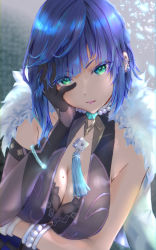 Rule 34 | 1girl, arm under breasts, black gloves, black hair, blue hair, bracelet, braid, breasts, cleavage, diagonal bangs, dice, ear piercing, earrings, elbow gloves, feather-trimmed jacket, genshin impact, gloves, green eyes, head rest, head tilt, jacket, jacket on shoulders, jewelry, large breasts, looking at viewer, mole, mole on breast, multicolored hair, neck tassel, open mouth, piercing, ryu natsu, short hair, single elbow glove, smile, solo, two-tone hair, upper body, white gloves, white jacket, yelan (genshin impact)