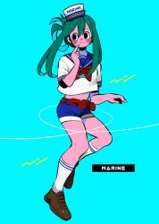 Rule 34 | 1girl, alternate costume, alternate hairstyle, anna (aannnaa3), aqua background, asui tsuyu, black eyes, blue sailor collar, blue shorts, blush, boku no hero academia, brown footwear, closed mouth, commentary request, finger to mouth, full body, green hair, hair between eyes, hair rings, hat, highres, long hair, looking to the side, midriff, sailor collar, sailor hat, sailor shirt, shirt, shoes, short shorts, short sleeves, shorts, sidelocks, simple background, socks, solo, white shirt, white socks