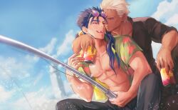 Rule 34 | 2boys, abs, archer (fate), black pants, black shirt, blue sky, can, cloud, collarbone, commentary, couple, cu chulainn (fate), earrings, english commentary, fate/grand order, fate (series), fishing, fishing rod, gravesecrets, hawaiian shirt, highres, holding, holding can, holding fishing rod, jewelry, long hair, looking at another, male focus, mature male, multiple boys, one eye closed, open clothes, open mouth, open shirt, pants, pectorals, ponytail, purple hair, red eyes, sharp teeth, shirt, sky, soda can, teeth, water drop, white hair, yaoi