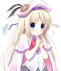 Rule 34 | 1girl, 3:, beret, black ribbon, blue eyes, blush, bow, cape, closed mouth, collared shirt, commentary request, eyelashes, eyes visible through hair, flying sweatdrops, hands up, haruchimo, hat, hat ribbon, light brown hair, little busters!, little busters! school uniform, long hair, looking to the side, noumi kudryavka, own hands together, parted bangs, pink bow, ribbon, school uniform, shirt, shy, sidelocks, simple background, solo, speech bubble, straight hair, tareme, translated, twitter username, upper body, very long hair, white background, white cape, white hat, white shirt