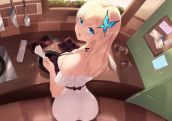 Rule 34 | 1girl, ass, bare shoulders, blonde hair, blue eyes, blush, boku wa tomodachi ga sukunai, breasts, bug, butterfly, butterfly hair ornament, cait aron, chocolate, cleavage, commentary request, dress, from behind, hair ornament, highres, insect, kashiwazaki sena, large breasts, long hair, looking at viewer, looking back, open mouth, pov, sitting, solo