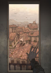 Rule 34 | 1girl, 1other, animal, architecture, arm up, balcony, bird, brown footwear, brown sleeves, building, city, cityscape, cloud, cloudy sky, commentary request, day, demizu posuka, dress, facing away, fingernails, from above, hand up, horizon, house, light brown hair, long sleeves, medium hair, mountain, on roof, original, outdoors, pov, railing, rooftop, scenery, sky, skyline, sleeveless, sleeveless dress, tile roof, town, white dress, wide shot, window