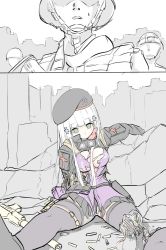 Rule 34 | 1girl, amputee, android, beret, bodysuit, breasts, comic, girls&#039; frontline, grey hair, gun, hat, hk416 (girls&#039; frontline), long hair, mechanical parts, no pupils, panties, pantyshot, rifle, shell casing, sweat, take (trude1945oneetyan), thighs, torn clothes, underwear, weapon