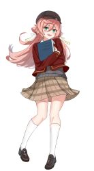 Rule 34 | 1girl, :d, alternate costume, aqua eyes, black footwear, black vest, blush, book, brown skirt, commentary request, genshin impact, gerbone23, highres, holding, holding book, jacket, long hair, looking at viewer, open mouth, pink hair, pleated skirt, red jacket, school uniform, shoes, simple background, skirt, smile, socks, solo, striped clothes, striped skirt, sweater vest, vest, white background, white socks, yanfei (genshin impact)