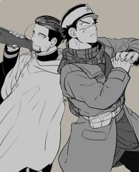 Rule 34 | 2boys, arisaka, belt, black hair, black jacket, black pants, bolt action, buttons, cape, closed mouth, collar, collared jacket, commentary request, facial hair, facial scar, golden kamuy, grey background, greyscale, gun, hair slicked back, hair strand, hat, holding, holding gun, holding weapon, hood, hood down, hooded cape, imperial japanese army, jacket, kepi, long sleeves, looking at viewer, male focus, military, military hat, military uniform, monochrome, multiple boys, ogata hyakunosuke, onnomono, pants, pouch, rifle, scar, scar on cheek, scar on face, scar on nose, scarf, short hair, simple background, smile, spiked hair, standing, star (symbol), stubble, sugimoto saichi, undercut, uniform, upper body, weapon, white cape, white eyes