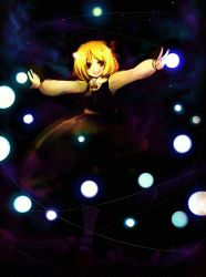 Rule 34 | 1girl, bad id, bad pixiv id, blonde hair, danmaku, embodiment of scarlet devil, female focus, hair ribbon, hanada hyou, outstretched arms, red eyes, ribbon, rumia, short hair, solo, spread arms, touhou