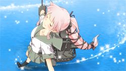 Rule 34 | 10s, 1girl, cloud, foreshortening, from above, hair ribbon, kantai collection, light particles, outstretched arms, pink hair, ponytail, ribbon, school uniform, skirt, smile, solo, walking, walking on liquid, water, yura (kancolle), yuto (dialique)