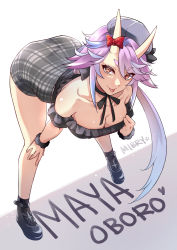 Rule 34 | 1girl, artist name, bare shoulders, black footwear, bow, breasts, brown eyes, cleavage, copyright request, dress, grey hat, hat, heart, highres, horns, leaning forward, long hair, maya oboro, medium breasts, mibry (phrysm), off shoulder, plaid, plaid dress, purple hair, red bow, shadow, solo, tongue, tongue out, virtual youtuber
