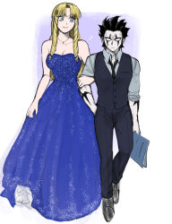 Rule 34 | 1boy, 1girl, arm tattoo, bare arms, bare shoulders, black hair, black necktie, black pants, black vest, blank eyes, blonde hair, blue dress, blue eyes, blue shirt, brago (konjiki no gash!!), breasts, cleavage, closed mouth, collared shirt, colored skin, dress, drill hair, facial mark, formal, frown, grey footwear, grey skin, height difference, highres, holding, holding another&#039;s arm, jewelry, konjiki no gash!!, long hair, looking at another, musical note, necklace, necktie, ozaki (tsukiko3), pants, pendant, purple background, ringlets, sherry belmont, shirt, shoes, short hair, side-by-side, side drill, sideburns, sideways glance, skirt hold, sleeves pushed up, smile, spiked hair, strapless, strapless dress, tattoo, twin drills, vest, walking, white background