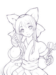 Rule 34 | 1girl, ainu clothes, breasts, catnip, fingerless gloves, gloves, hair ribbon, long hair, looking at viewer, monochrome, nakoruru, ribbon, samurai spirits, small breasts, smile, snk, solo, the king of fighters, weapon