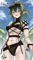 Rule 34 | 1girl, :d, abs, absurdres, arknights, bare shoulders, bikini, black bikini, black hat, blue sky, breasts, cloud, commentary request, covered erect nipples, cup, dated, day, drinking straw, from below, gavial (arknights), green hair, groin, hair between eyes, hand on own hip, hat, highres, holding, holding cup, long hair, looking at viewer, looking down, medium breasts, navel, ochako (kemomimiochanu), one-hour drawing challenge, open mouth, orange eyes, outdoors, pointy ears, ponytail, sky, smile, solo, swimsuit, underboob, very long hair, visor cap