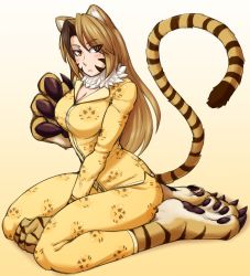 Rule 34 | 1girl, animal ears, animal hands, black hair, blush, breasts, brown hair, claws, cleavage, eyes visible through hair, facial mark, full body, fur, gradient background, highres, ittla, jinko (monster girl encyclopedia), large breasts, long hair, looking at viewer, monster girl, monster girl encyclopedia, monster girl encyclopedia ii, multicolored hair, orange eyes, pajamas, simple background, sitting, solo, streaked hair, striped, striped tail, tail, tiger ears, tiger tail, whisker markings