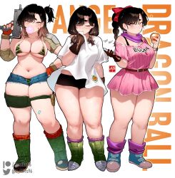 1girl ange_(zasshu) blush breasts brown_hair bulma bulma_(cosplay) cleavage cosplay curvy dragon_ball dragon_ball_(classic) dragonball_z grey_eyes highres large_breasts launch_(cosplay) long_hair looking_at_viewer lunch_(bad)_(dragon_ball) lunch_(dragon_ball) navel original plump shoes simple_background sneakers standing sweat thick_thighs thighs videl videl_(cosplay) white_background wide_hips zasshu