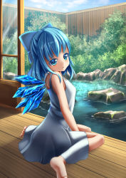 Rule 34 | 1girl, bare shoulders, barefoot, blue eyes, blue hair, blush, cirno, dress, hair ornament, hair ribbon, highres, ice, ice wings, kirimori toya, looking at viewer, looking back, matching hair/eyes, nature, open mouth, ribbon, short hair, sitting, sleeveless, solo, touhou, water, wings, wooden floor