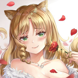 Rule 34 | 1girl, animal ear fluff, animal ears, arknights, bare shoulders, blonde hair, blush, breasts, chinese commentary, cleavage, collarbone, commentary request, drill hair, drill sidelocks, fang, fang out, flower, fur trim, gradient background, green eyes, grey background, hand up, head tilt, holding, holding flower, humiaojun, jewelry, large breasts, long hair, looking at viewer, necklace, petals, portrait, red flower, red rose, rose, rose petals, sidelocks, smile, solo, swire (arknights), tiger ears, white background