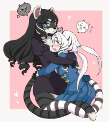Rule 34 | 2girls, animal ears, animal nose, black dress, black hair, blonde hair, blue jacket, blue skirt, blush, border, breasts, chinese commentary, cleavage, dress, frown, furry, furry female, grey border, heart, highres, hug, intertwined tails, jacket, looking at viewer, low twintails, medium breasts, multicolored hair, multiple girls, original, outside border, pink background, skirt, speech bubble, streaked hair, tail, tiger ears, tiger girl, tiger tail, twintails, white hair, xiang nei, yuri