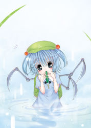 Rule 34 | 1girl, blue hair, blush, catbell, cucumber, eating, female focus, hair bobbles, hair ornament, hat, kawashiro nitori, knife, looking at viewer, mechanical arms, mouth hold, partially submerged, ripples, short hair, single mechanical arm, solo, standing, touhou, twintails, two side up, wading, water