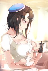 Rule 34 | 10s, 1boy, 1girl, baby, baby carry, black hair, breast slip, breastfeeding, breasts, carrying, from side, gradient background, hat, hayakawa akari, if they mated, jewelry, kantai collection, looking at another, mother and son, nursing clothes, one breast out, red eyes, ring, short hair, short sleeves, takao (kancolle), twitter username, upper body, wedding band