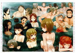 Rule 34 | 6+boys, 6+girls, :d, ;d, absurdres, animal ears, ayakura juu, beard, black headwear, breasts, brown eyes, brown hair, cleavage, closed eyes, copyright name, craft lawrence, dark-skinned female, dark skin, enekk, facial hair, grin, hand in own hair, hat, highres, holding, holo, long hair, medium breasts, mixed-sex bathing, multiple boys, multiple girls, naked towel, nora arento, novel illustration, official art, one eye closed, onsen, open mouth, orange hair, shared bathing, small breasts, smile, spice and wolf, sweat, tail, topless, towel, wolf ears, wolf tail