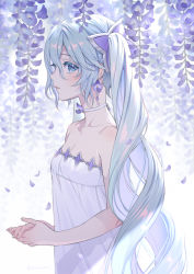 Rule 34 | 1girl, aqua eyes, aqua hair, banned artist, choker, closed mouth, dress, earrings, flower, from side, hair between eyes, hatsune miku, highres, jewelry, long hair, midori foo, own hands together, petals, solo, strapless, strapless dress, twintails, twitter username, upper body, vocaloid, white choker, white dress, wisteria