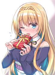 Rule 34 | 1girl, belt, black ribbon, blonde hair, blue eyes, blush, box, braid, breasts, collar, commentary, crown braid, detached collar, double-parted bangs, embarrassed, eyelashes, flying sweatdrops, gift, gift box, hair between eyes, hands up, highres, holding, holding gift, igarashi kenji, kido tsubasa, large breasts, long hair, looking at viewer, nose blush, one eye closed, open mouth, parquet (yuzusoft), purple belt, purple shirt, ribbon, shirt, shy, sidelocks, simple background, sleeves past wrists, solo, symbol-only commentary, upper body, valentine, very long hair, white background, white collar, yellow ribbon