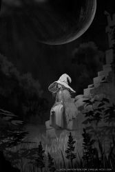 Rule 34 | 1girl, cloak, coat, dress, elden ring, email address, extra arms, extra faces, fur cloak, fur coat, grass, greyscale, hat, highres, l aciel, long hair, monochrome, moon, outdoors, own hands together, plant, ranni the witch, ruins, sitting, solo, tree, watermark, wavy hair, witch, witch hat