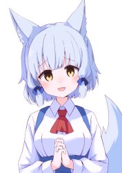 Rule 34 | 1girl, aki inu, animal ear fluff, animal ears, ascot, blue hair, blue ribbon, blue skirt, blush, breasts, fox ears, fox girl, fox tail, hair ribbon, long sleeves, looking at viewer, machikado mazoku, medium breasts, open mouth, own hands together, red ascot, ribbon, riko (machikado mazoku), shirt, short hair, simple background, skirt, solo, suspender skirt, suspenders, tail, upper body, white background, white shirt, yellow eyes
