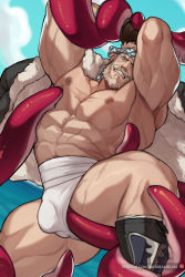 Rule 34 | 1boy, abs, bara, bare pectorals, beard, bound, bound arms, bound legs, bulge, facial hair, fundoshi, granblue fantasy, headband, jacket, jacket on shoulders, japanese clothes, jimsdaydreams, large pectorals, male focus, male underwear, mature male, muscular, muscular male, mustache, navel, nipples, old, old man, pectorals, scar, scar on chest, short hair, solo, soriz, spread legs, stomach, tentacles, tentacles on male, tentacles under clothes, thick thighs, thighs, underwear, white male underwear
