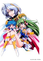 Rule 34 | 1990s (style), 3girls, artist name, blue eyes, blue hair, braid, bridal veil, can can bunny, can can bunny extra, cape, copyright name, gloves, green hair, hair ornament, highres, long hair, multiple girls, official art, open mouth, red eyes, retro artstyle, sawadee, short hair, silver hair, simple background, smile, swatty (can can bunny), veil, white background, yellow eyes