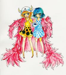 Rule 34 | 1boy, 1girl, blonde hair, blue eyes, blue hair, dellinger (one piece), donquixote pirates, dress, dressrosa, feathers, hat, horns, monocle, one piece, polka dot, standing, sugar (one piece)