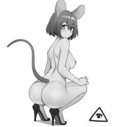 Rule 34 | 1girl, animal ears, ass, back, breasts, closed mouth, donburi (donburikazoku), from behind, greyscale, high heels, highres, looking at viewer, looking back, medium breasts, monochrome, mouse ears, mouse tail, nazrin, nipples, nude, short hair, shoulder blades, simple background, solo, squatting, tail, touhou, white background