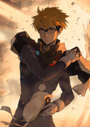 Rule 34 | 10s, 1boy, backlighting, beret, black bodysuit, blonde hair, bodysuit, bracer, capelet, closed mouth, cowboy shot, darling in the franxx, explosion, expressionless, glasses, gloves, gorou (darling in the franxx), hat, high collar, holding, holding clothes, holding hat, long sleeves, looking at viewer, male focus, pilot suit, purple-framed eyewear, skin tight, solkorra, solo, standing, twitter username, unworn hat, unworn headwear, v-shaped eyebrows, white gloves, yellow eyes