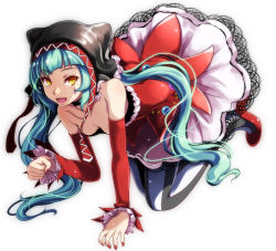 Rule 34 | 1girl, :d, all fours, animal ears, animal hood, blue hair, breasts, cat ears, cat hood, choker, cleavage, collarbone, detached sleeves, facial hair, fake animal ears, hatsune miku, high heels, highres, hood, hood up, long hair, long sleeves, miniskirt, nail polish, open mouth, pantyhose, project diva (series), pump, pumps, red footwear, red nails, red sleeves, simple background, skirt, small breasts, smile, solo, striped clothes, striped pantyhose, tsukishiro saika, vertical-striped clothes, vertical-striped pantyhose, very long hair, vocaloid, white background, white skirt, yellow eyes