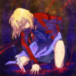 Rule 34 | 1boy, amputee, androgynous, blonde hair, blood, bloody knife, injury, jacket, kara no kyoukai, knife, male focus, mimana, planted knife, planted, red eyes, red jacket, shirazumi lio, skirt, solo, weapon