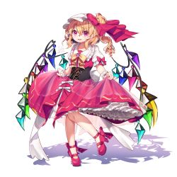 Rule 34 | 1girl, ankle ribbon, blonde hair, blouse, bow, clothes lift, commentary request, dated, embellished costume, fang, fingernails, flandre scarlet, full body, gunjou row, hair between eyes, hat, high heels, highres, knees together feet apart, leg lift, leg ribbon, lifting own clothes, mob cap, nail polish, open mouth, petticoat, puffy short sleeves, puffy sleeves, red bow, red eyes, red footwear, red nails, red skirt, red vest, ribbon, shadow, shirt, short hair, short sleeves, side ponytail, sidelocks, signature, simple background, skirt, skirt lift, slit pupils, solo, standing, standing on one leg, touhou, underbust, vest, white background, white hat, white shirt, wings, wrist cuffs
