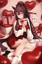 Rule 34 | 1girl, absurdres, alternate costume, animal ears, balloon, black footwear, black hair, blush, box, buttons, closed mouth, commentary request, double-breasted, dress, foot out of frame, gift, gift box, hair between eyes, hair ornament, hairclip, heart-shaped box, heart balloon, highres, holding, holding box, horse ears, horse girl, horse tail, long hair, long sleeves, manunnu, narita brian (umamusume), on ground, ponytail, red dress, sitting, socks, solo, tail, umamusume, white socks, yokozuwari