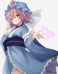 Rule 34 | 1girl, atory, blue hat, blue kimono, closed mouth, commentary, frilled kimono, frills, grey background, hat, highres, japanese clothes, kimono, long sleeves, looking at viewer, mob cap, pink hair, red eyes, saigyouji yuyuko, sash, short hair, simple background, smile, solo, touhou, triangular headpiece, wide sleeves