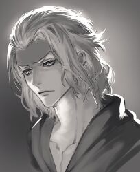 Rule 34 | 1boy, collarbone, cropped torso, emet-selch, final fantasy, final fantasy xiv, from side, frown, glowing, glowing eyes, grey background, greyscale, hair pulled back, looking down, male focus, melonlove, monochrome, portrait, short hair, simple background, solo