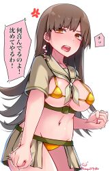 Rule 34 | 1girl, absurdres, anger vein, artist name, baileys (tranquillity650), bikini, blush, breasts, brown eyes, brown hair, clenched hands, cowboy shot, gold bikini, groin, highres, kantai collection, large breasts, long hair, looking at viewer, navel, ooi (kancolle), ooi kai ni (kancolle), open mouth, sailor collar, school uniform, serafuku, short sleeves, signature, simple background, solo, speech bubble, swimsuit, translation request, twitter username, white background, white sailor collar