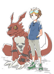 Rule 34 | absurdres, claws, digimon, digimon (creature), digital hazard, goggles, goggles on head, guilmon, highres, matsuda takato, tail