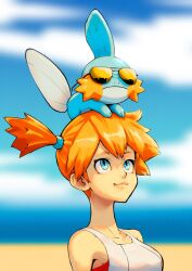 Rule 34 | 1girl, bare shoulders, blurry, blurry background, breasts, closed mouth, collarbone, commentary, creatures (company), frown, game freak, gen 3 pokemon, highres, jak (jaksinart), looking up, medium breasts, misty (pokemon), mudkip, nintendo, on head, orange hair, pokemon, pokemon (creature), pokemon lgpe, pokemon on head, shirt, short hair, side ponytail, smile, sunglasses, white shirt
